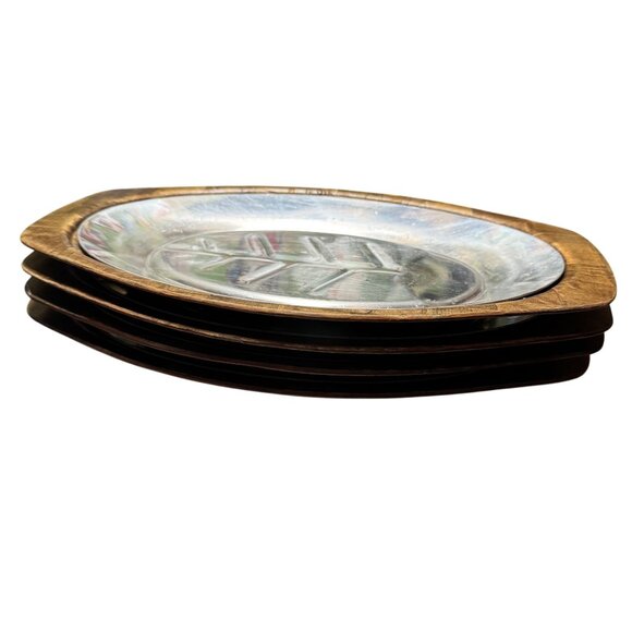 Vintage Sizzling Steak Single Serving‎ Platter Wooden Trivet Aluminum Plate - Picture 1 of 5
